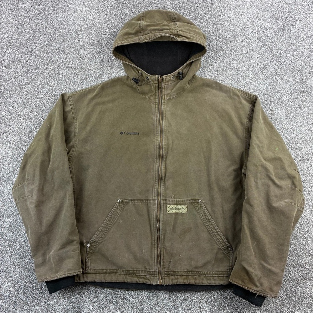 Columbia Work Jacket‎ Mens XL Brown Canvas Hooded Timber Grit Fleece Lined